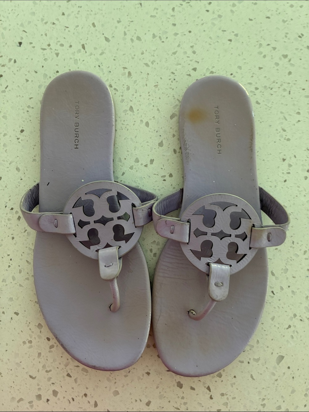 Tory Burch Lavender Leather Miller Logo Thong Sandals